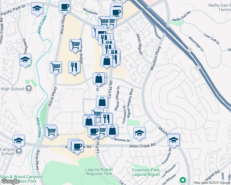 map of restaurants, bars, coffee shops, grocery stores, and more near 27625 Niguel Village Drive in Laguna Niguel