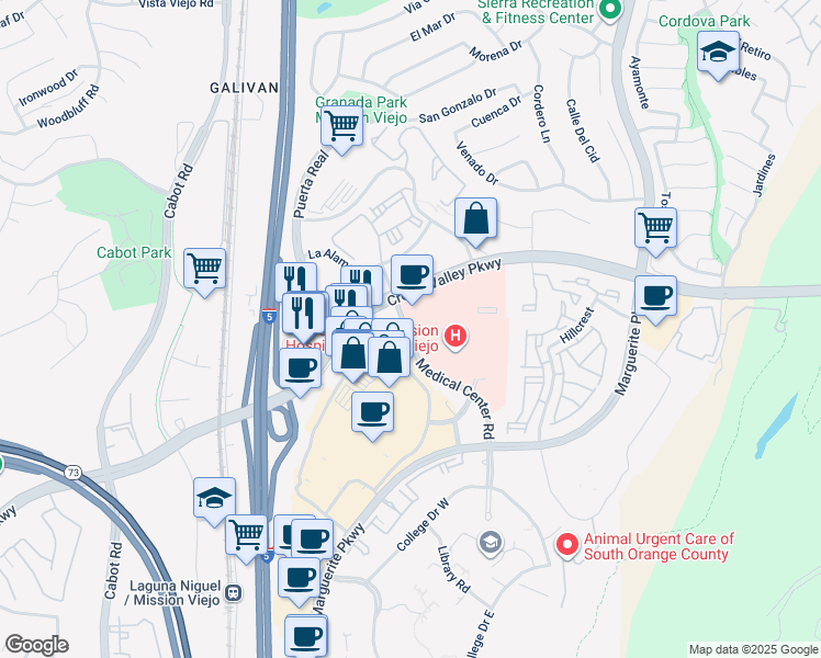 map of restaurants, bars, coffee shops, grocery stores, and more near 27792 Medical Center Road in Mission Viejo