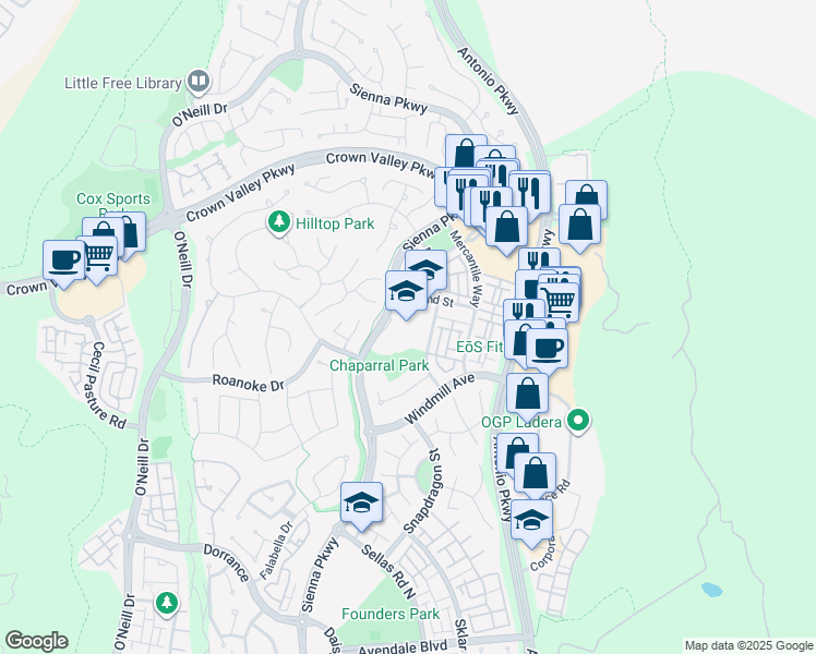 map of restaurants, bars, coffee shops, grocery stores, and more near 29001 Sienna Parkway in Ladera Ranch