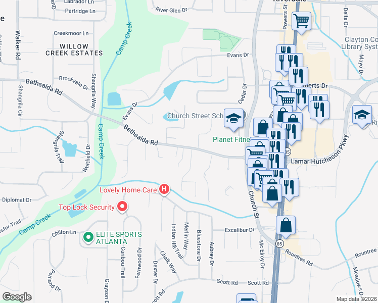 map of restaurants, bars, coffee shops, grocery stores, and more near 1367 Amaryllis Way in Riverdale