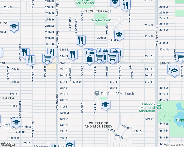 map of restaurants, bars, coffee shops, grocery stores, and more near 3101 34th Street in Lubbock