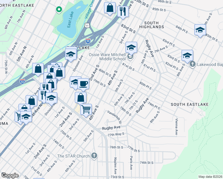 map of restaurants, bars, coffee shops, grocery stores, and more near 4th Alley South in Birmingham