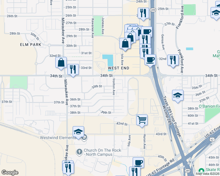 map of restaurants, bars, coffee shops, grocery stores, and more near 3407 Juneau Avenue in Lubbock