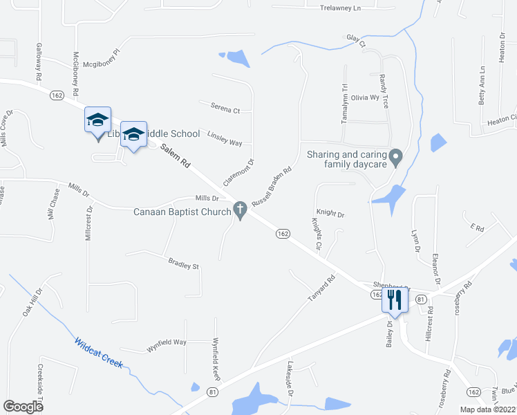 map of restaurants, bars, coffee shops, grocery stores, and more near 46 Russell Braden Road in Covington