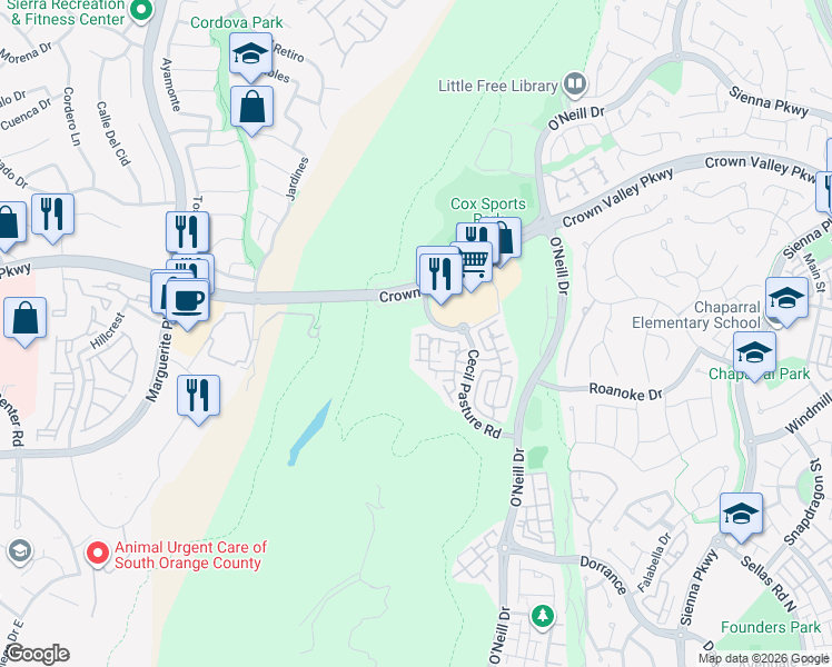 map of restaurants, bars, coffee shops, grocery stores, and more near 27702 Crown Valley Parkway in Ladera Ranch