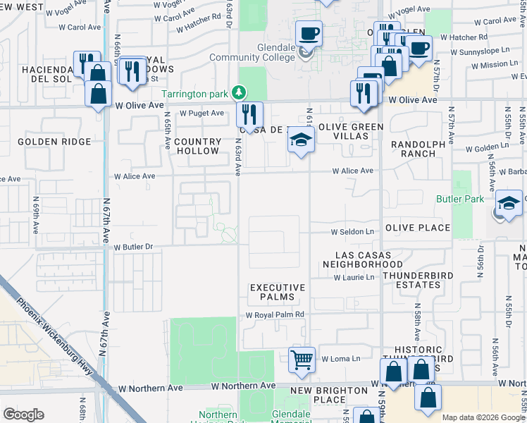 map of restaurants, bars, coffee shops, grocery stores, and more near 6236 West Orchid Lane in Glendale