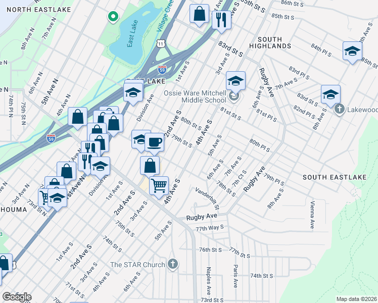 map of restaurants, bars, coffee shops, grocery stores, and more near 7904 4th Avenue South in Birmingham