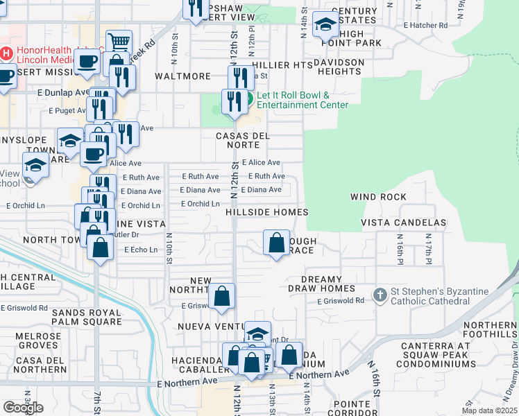 map of restaurants, bars, coffee shops, grocery stores, and more near 1307 East Diana Avenue in Phoenix