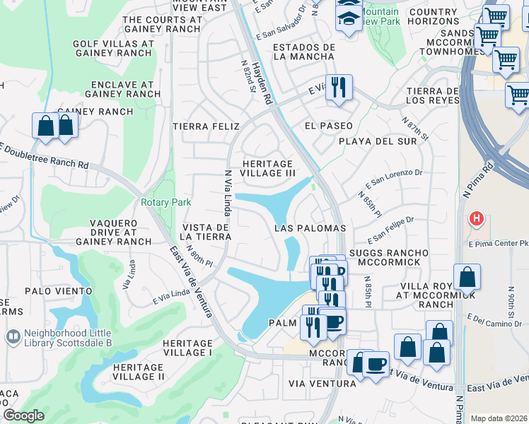map of restaurants, bars, coffee shops, grocery stores, and more near 8177 East Del Cuarzo Drive in Scottsdale