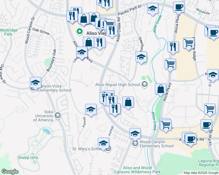 map of restaurants, bars, coffee shops, grocery stores, and more near 27662 Aliso Creek Road in Aliso Viejo