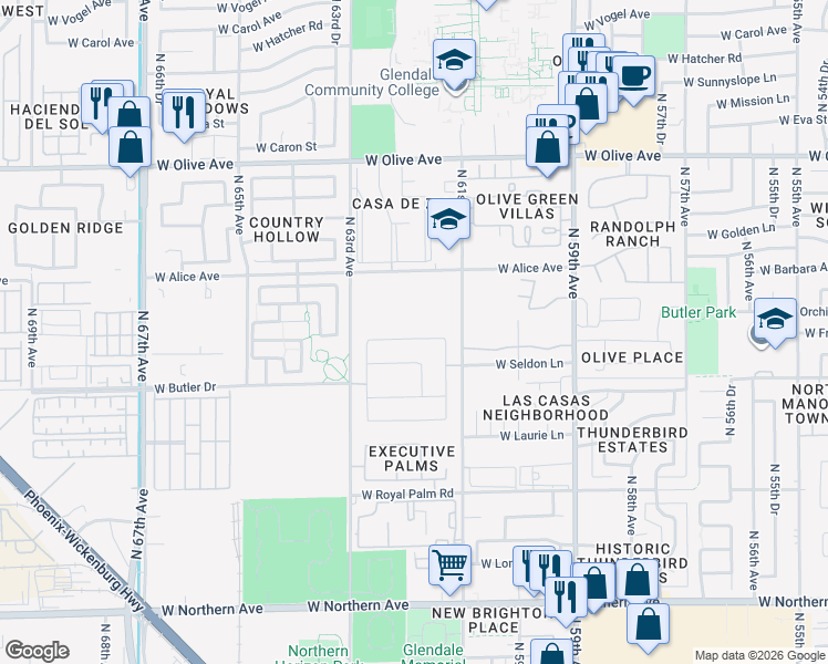 map of restaurants, bars, coffee shops, grocery stores, and more near 6152 West Orchid Lane in Glendale