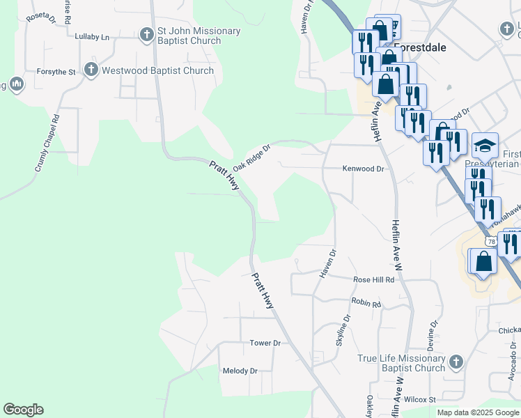 map of restaurants, bars, coffee shops, grocery stores, and more near 1469 Pratt Highway in Birmingham
