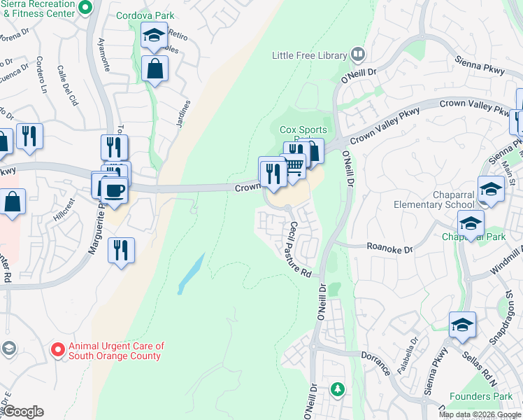 map of restaurants, bars, coffee shops, grocery stores, and more near 19 Garrison Loop in Ladera Ranch
