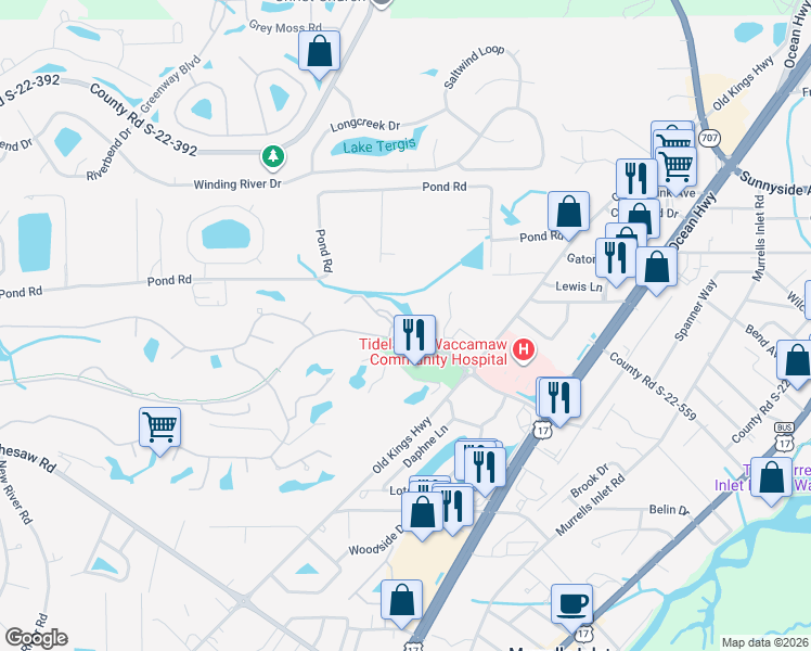 map of restaurants, bars, coffee shops, grocery stores, and more near 4430 Lady Banks Lane in Murrells Inlet