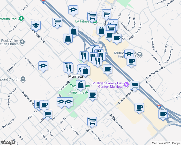 map of restaurants, bars, coffee shops, grocery stores, and more near 24661 Madison Avenue in Murrieta