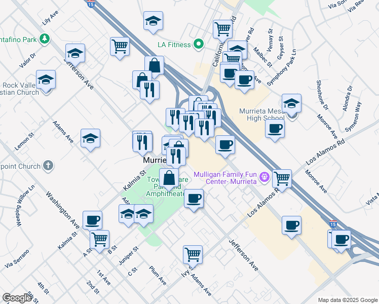 map of restaurants, bars, coffee shops, grocery stores, and more near 24661 Madison Avenue in Murrieta
