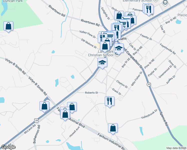 map of restaurants, bars, coffee shops, grocery stores, and more near 191 Northwest Broad Street in Fairburn