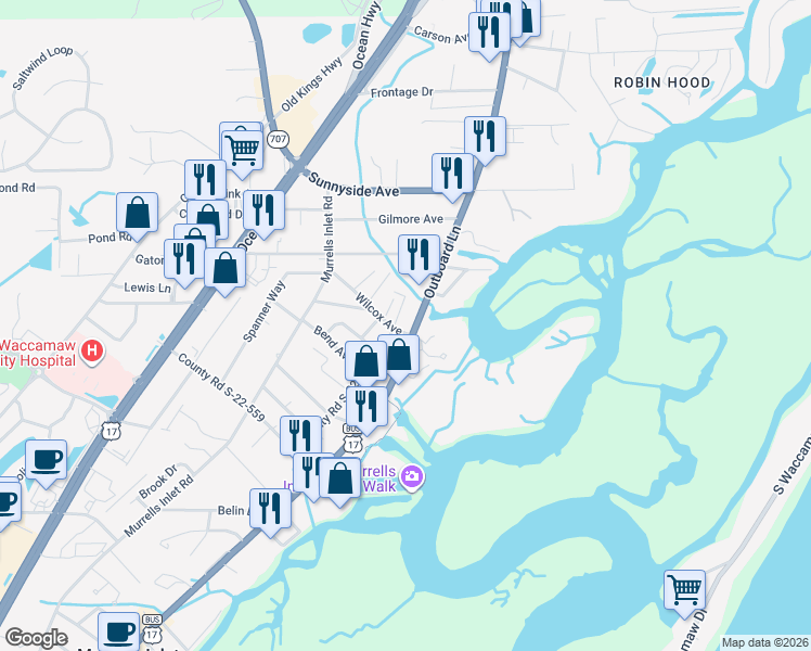 map of restaurants, bars, coffee shops, grocery stores, and more near 3880 Flagg Street in Murrells Inlet