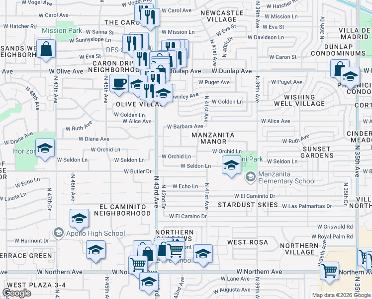 map of restaurants, bars, coffee shops, grocery stores, and more near 4145 West Ruth Avenue in Phoenix