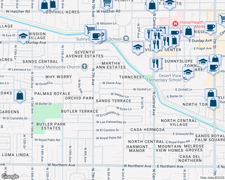 map of restaurants, bars, coffee shops, grocery stores, and more near 341 West Diana Avenue in Phoenix