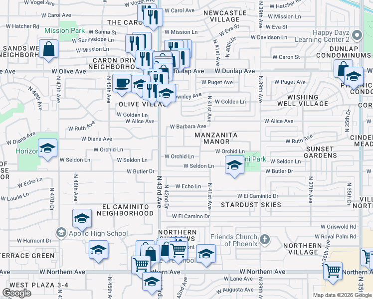 map of restaurants, bars, coffee shops, grocery stores, and more near 4145 West Ruth Avenue in Phoenix