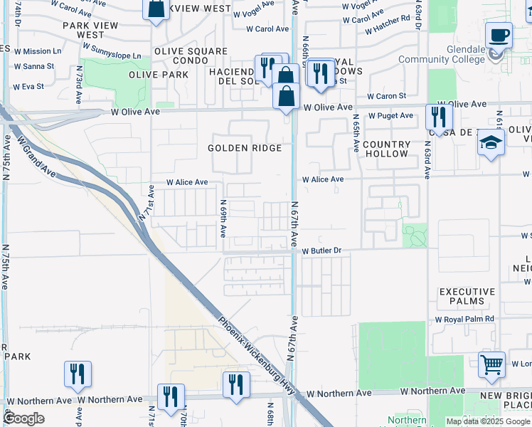 map of restaurants, bars, coffee shops, grocery stores, and more near 6754 West Ruth Avenue in Peoria
