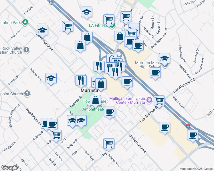map of restaurants, bars, coffee shops, grocery stores, and more near 41300 Kalmia Street in Murrieta