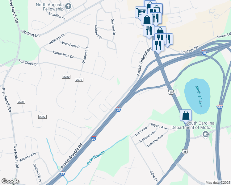 map of restaurants, bars, coffee shops, grocery stores, and more near 41 Fox Creek Drive in North Augusta