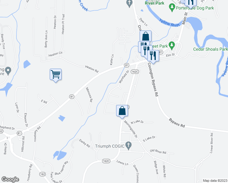 map of restaurants, bars, coffee shops, grocery stores, and more near 115 Wynfield Drive in Covington