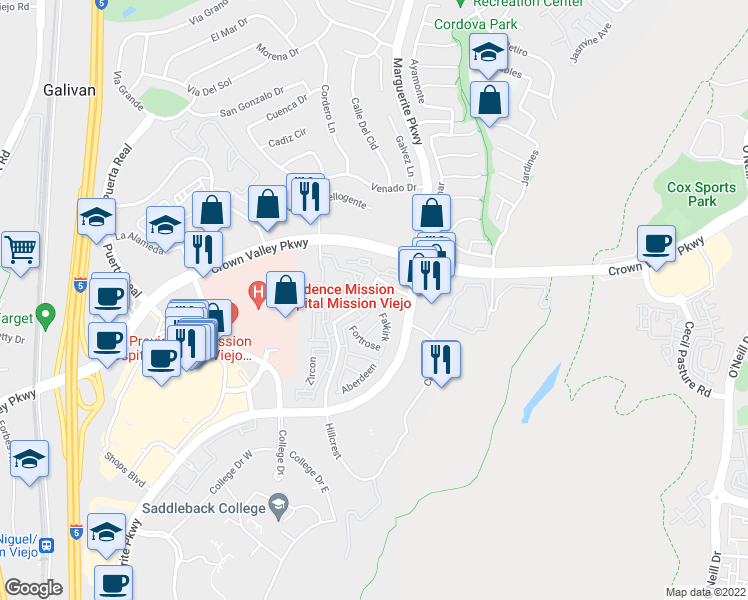 map of restaurants, bars, coffee shops, grocery stores, and more near 27622 Falkirk in Mission Viejo