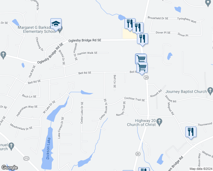 map of restaurants, bars, coffee shops, grocery stores, and more near 4650 Cedar Brook Drive Southeast in Conyers
