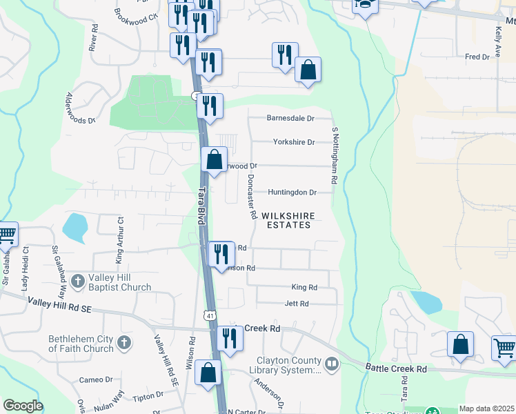 map of restaurants, bars, coffee shops, grocery stores, and more near 721 Huntingdon Drive in Jonesboro