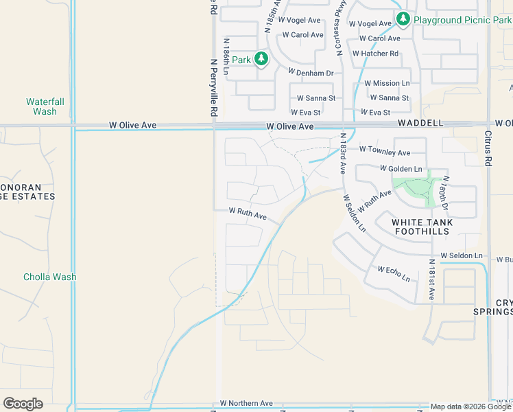map of restaurants, bars, coffee shops, grocery stores, and more near 18545 West Alice Avenue in Waddell