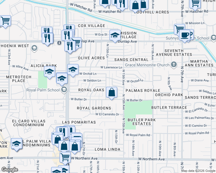 map of restaurants, bars, coffee shops, grocery stores, and more near 8621 North 16th Avenue in Phoenix