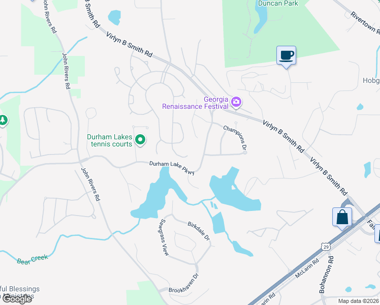 map of restaurants, bars, coffee shops, grocery stores, and more near 1140 Buckingham Cove in Fairburn