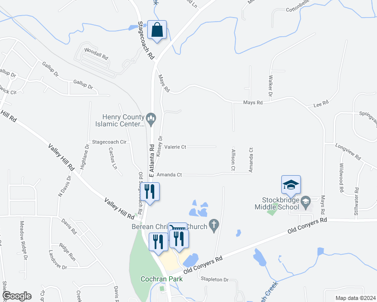 map of restaurants, bars, coffee shops, grocery stores, and more near 112 Valerie Court in Stockbridge
