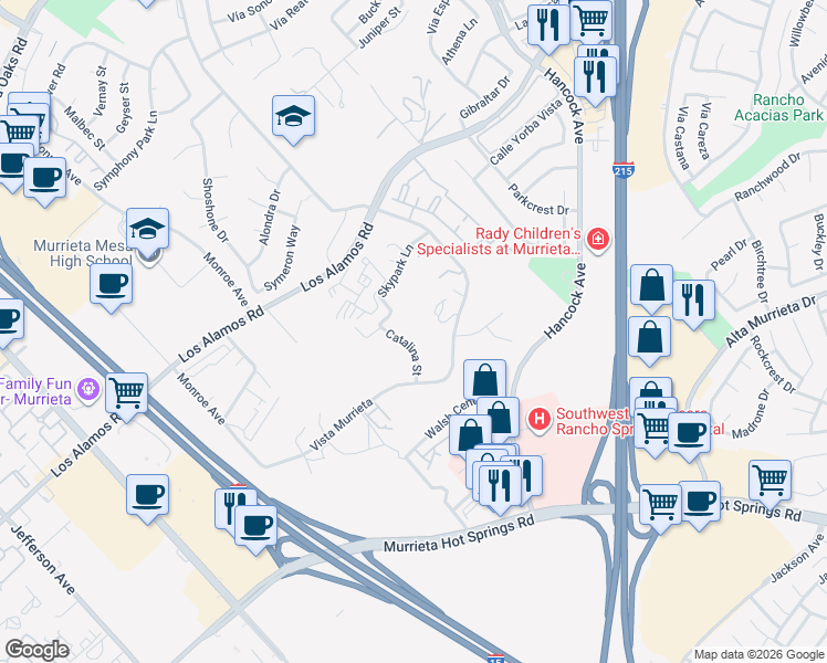 map of restaurants, bars, coffee shops, grocery stores, and more near 25210 Catalina Street in Murrieta