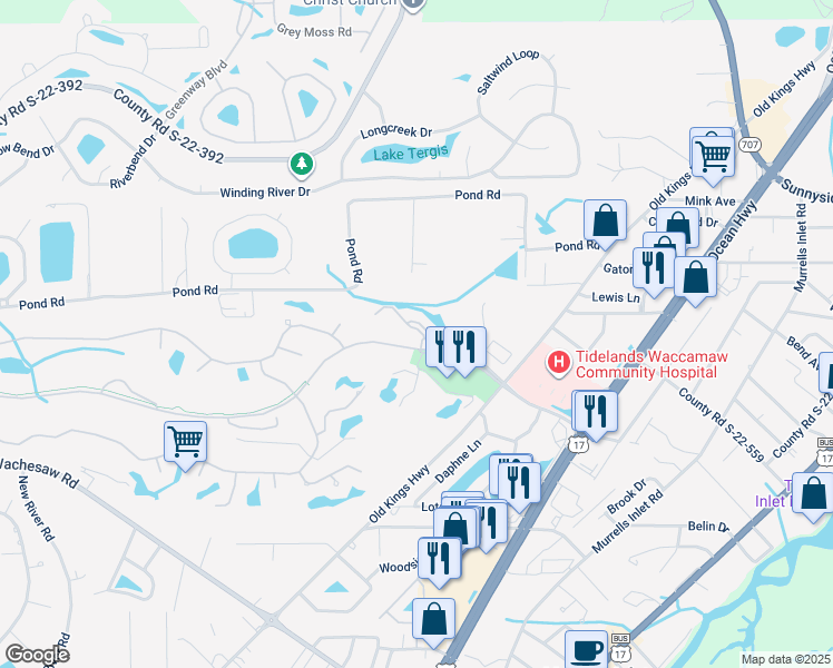 map of restaurants, bars, coffee shops, grocery stores, and more near 4436 Lady Banks Lane in Murrells Inlet