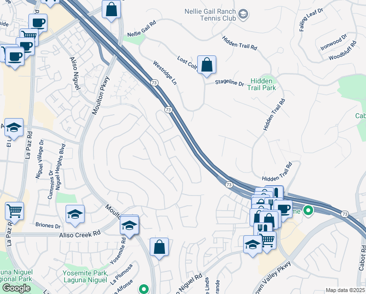 map of restaurants, bars, coffee shops, grocery stores, and more near 27585 Rosebud Way in Laguna Niguel