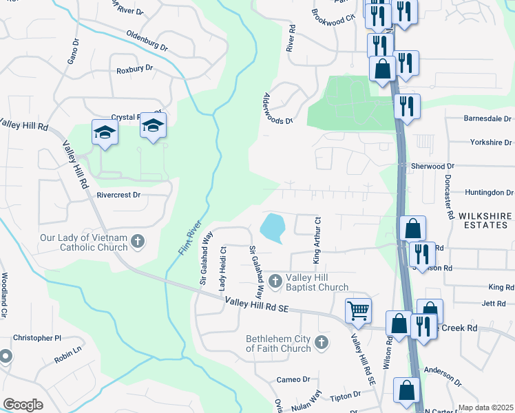 map of restaurants, bars, coffee shops, grocery stores, and more near 332 King Arthur Court in Jonesboro