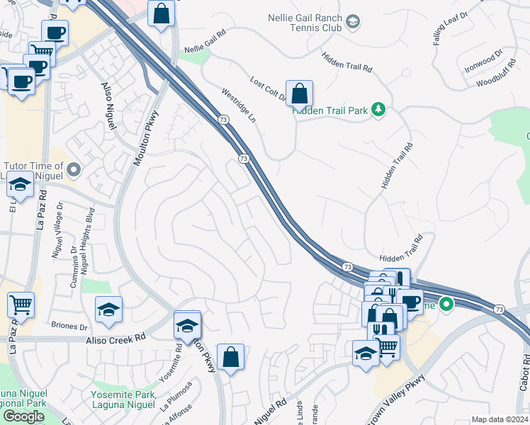 map of restaurants, bars, coffee shops, grocery stores, and more near 27585 Rosebud Way in Laguna Niguel