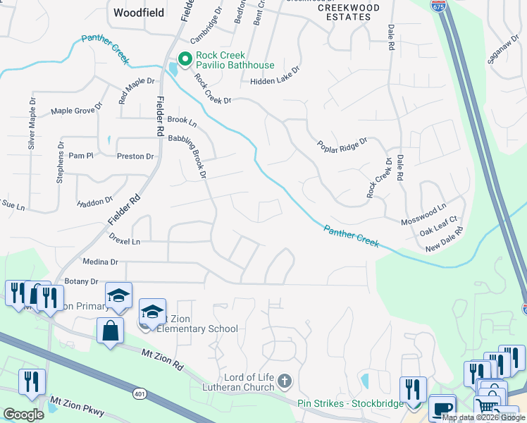 map of restaurants, bars, coffee shops, grocery stores, and more near 3348 Glen Hollow Drive in Rex