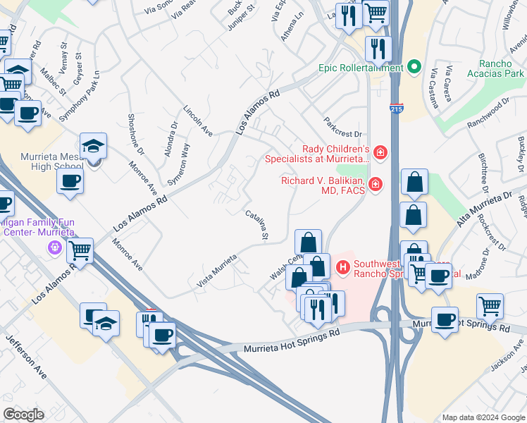 map of restaurants, bars, coffee shops, grocery stores, and more near 25210 Catalina Street in Murrieta