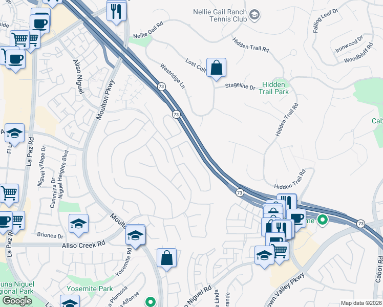 map of restaurants, bars, coffee shops, grocery stores, and more near 27585 Rosebud Way in Laguna Niguel