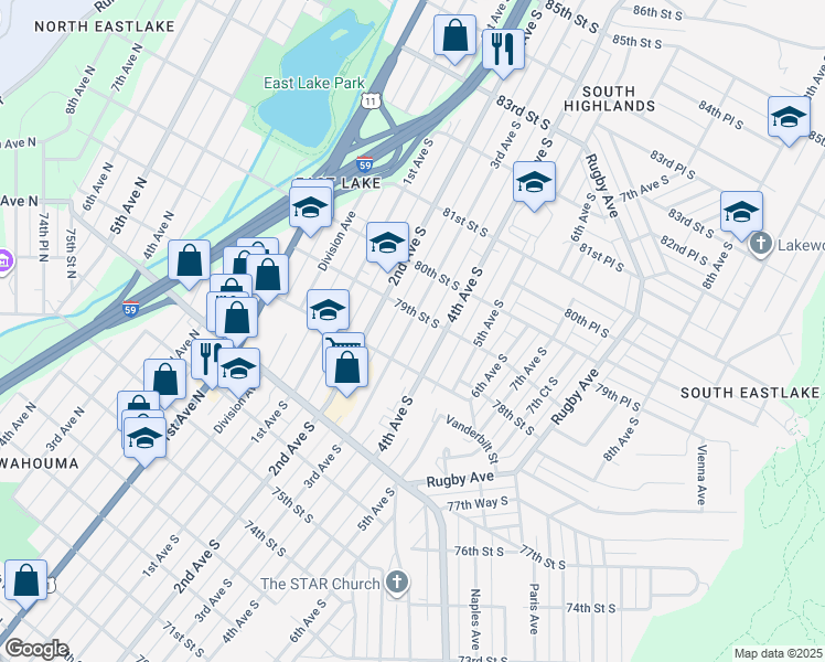 map of restaurants, bars, coffee shops, grocery stores, and more near 210 79th Street South in Birmingham