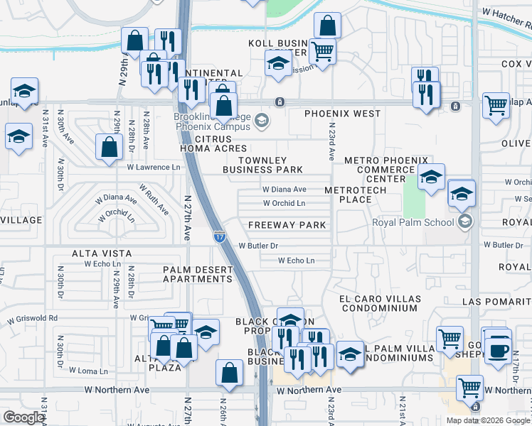 map of restaurants, bars, coffee shops, grocery stores, and more near 2435 West Orchid Lane in Phoenix