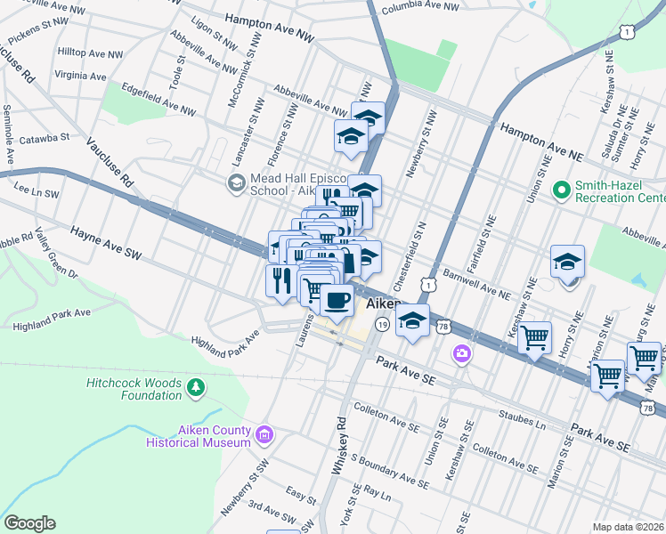 map of restaurants, bars, coffee shops, grocery stores, and more near 130A Laurens Street Northwest in Aiken