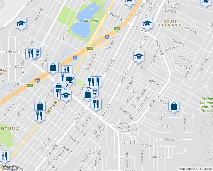 map of restaurants, bars, coffee shops, grocery stores, and more near 7814 3rd Avenue South in Birmingham