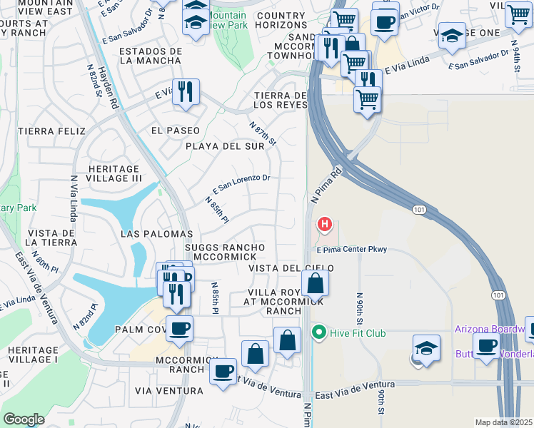 map of restaurants, bars, coffee shops, grocery stores, and more near 8636 East San Jacinto Drive in Scottsdale
