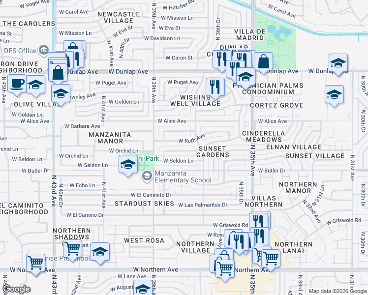 map of restaurants, bars, coffee shops, grocery stores, and more near 3722 West Diana Avenue in Phoenix